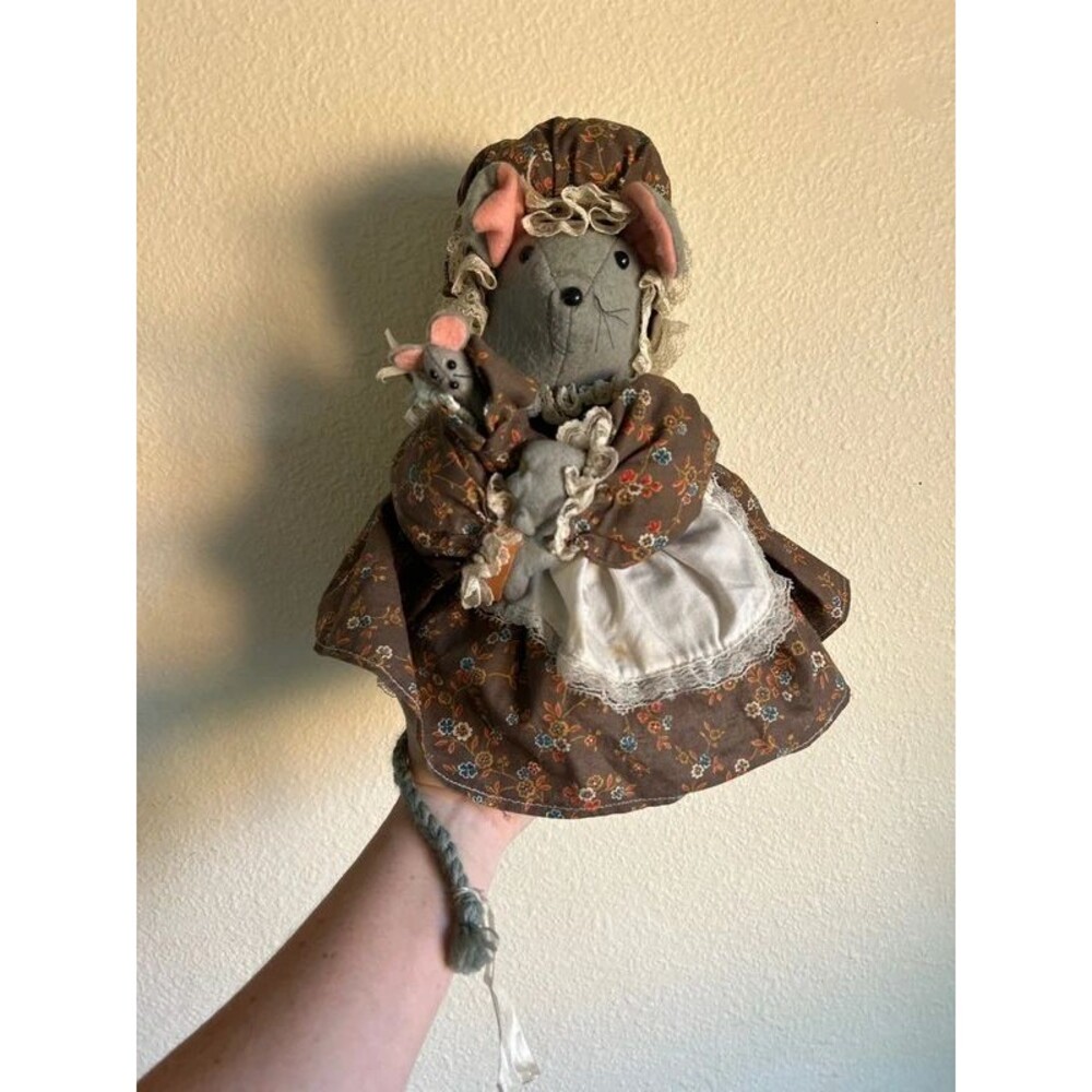 Vintage Handmade Plush Mouse Doll with Baby